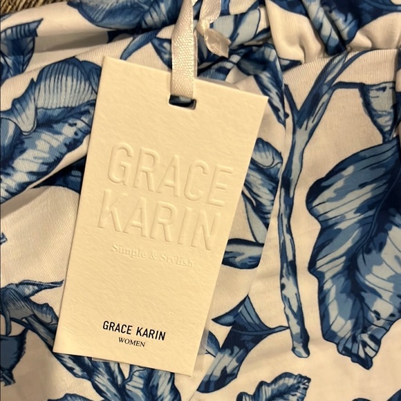 Grace Karin Blue and White Leaf Print women’s Dress - Picture 2 of 10